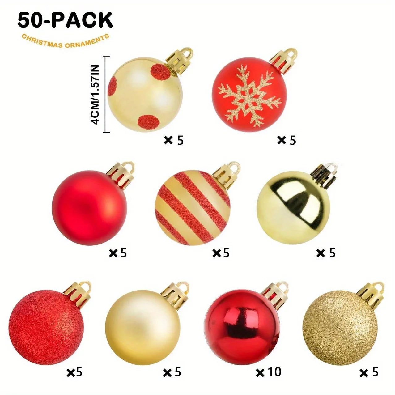 50pcs Christmas Ornaments Set - Shiny Red & Golden Decor Balls with 9 Unique Styles Perfect for Party Decorations