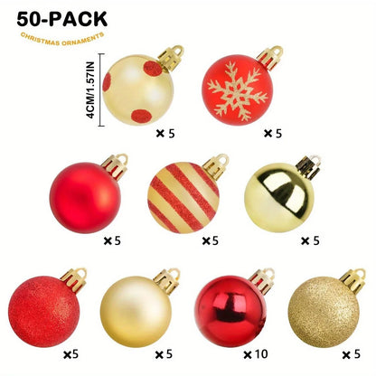 50pcs Christmas Ornaments Set - Shiny Red & Golden Decor Balls with 9 Unique Styles Perfect for Party Decorations