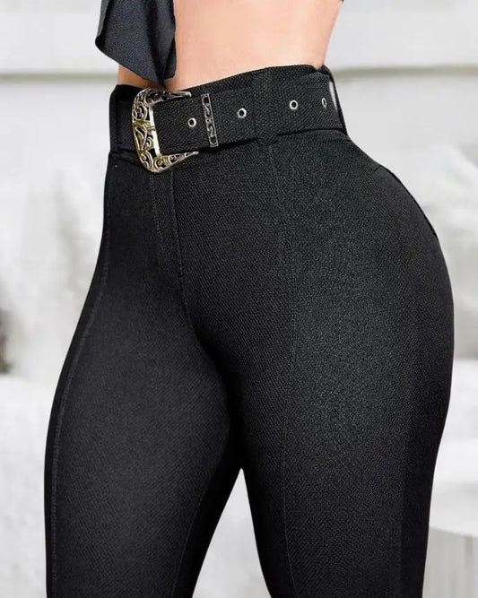 Women's Pants Trend Fashion High Waist Pocket Design Casual Plain Skinny Long Pants with Belt