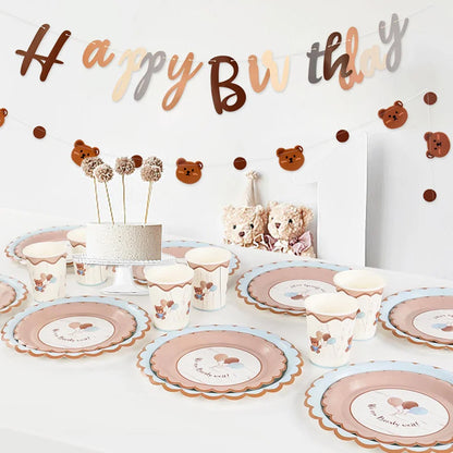 10Pcs Cute Bear Disposable Tableware Paper Plates Cups Gender Reveal Baby Shower Decoration Happy Birthday Party Supplies