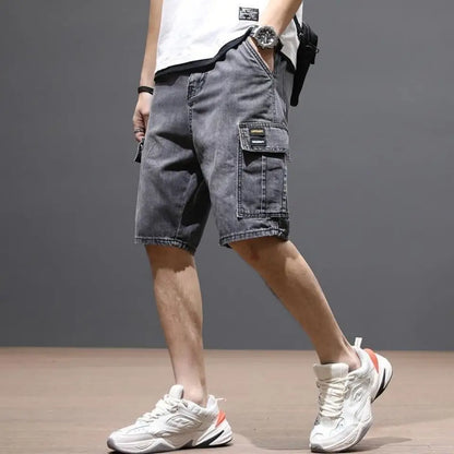 Men's Casual Loose Baggy Cowboy Pants Streetwear Cargo Summer Denim Jeans Straight Knee Length Shorts Male
