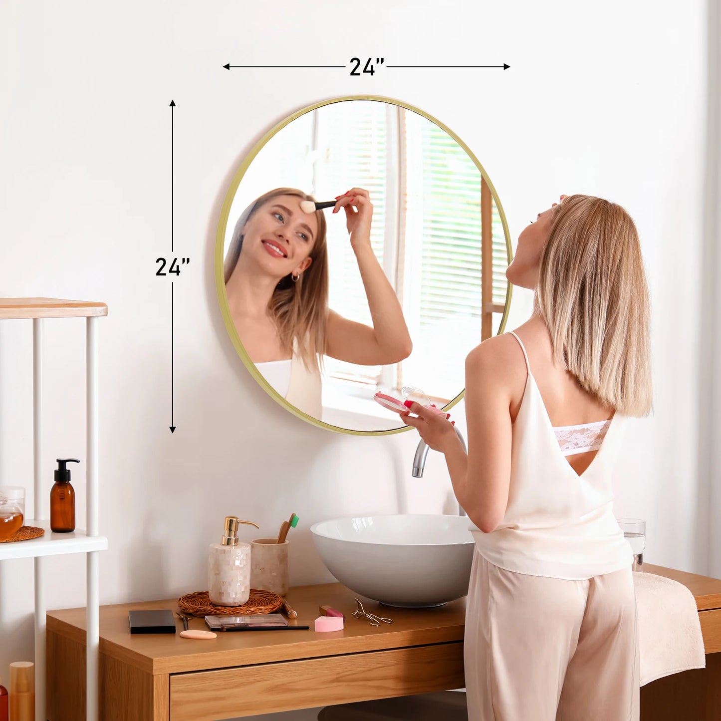 Large Gold Round Vanity Framed Mirror for Wall Matte Metal Framed 30 Inch Modern Mirror Tempered Glass Bedroom Living Room