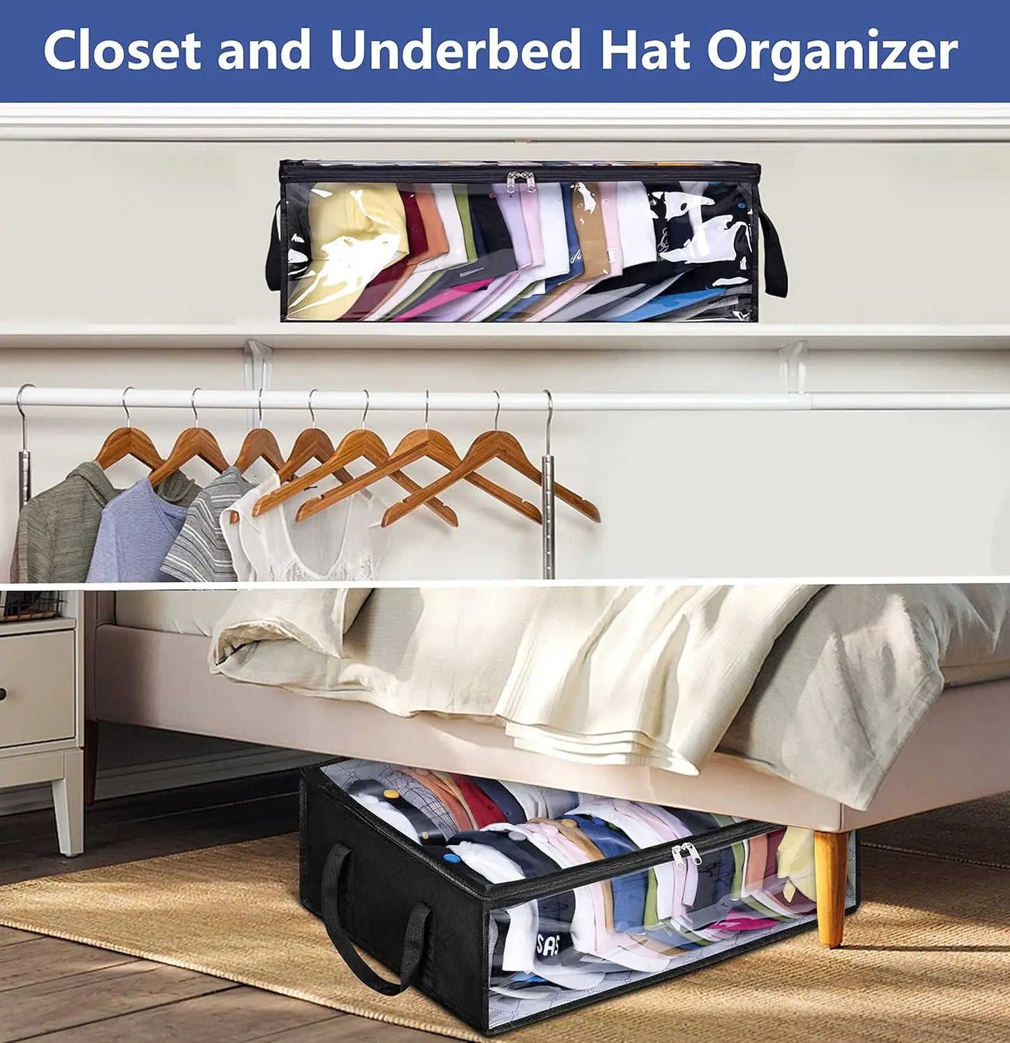 Large Capacity Black Hat Organizer: Foldable Non-Woven Cap Holder and Clothes Storage Hanging Bag