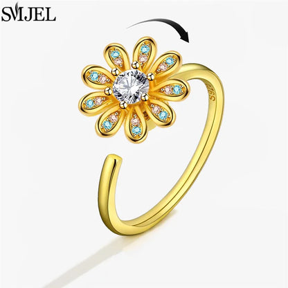 Korean Fashion Daisy Spinner Fidget Ring Multiple Style Sunflower Rose Snowflake Rotate Freely Anti Stress Anxiety Rings Wedding