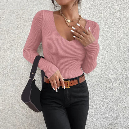 Women Solid Rib Knit V Neck Top