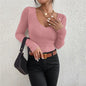 Women Solid Rib Knit V Neck Top