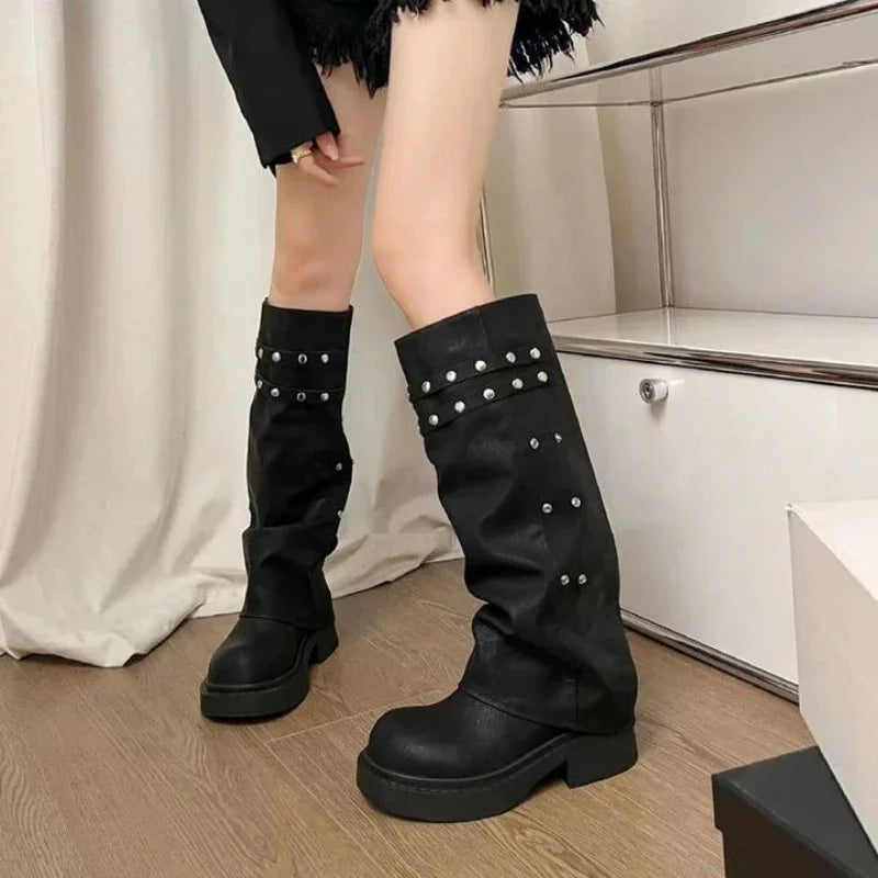 Women's Western Cowgirl Boots, Fashionable Autumn Knee-High Style, Punk-Inspired PU Leather with Studded Details, Long Black Botas Perfect for Women Seeking a Bold Look.