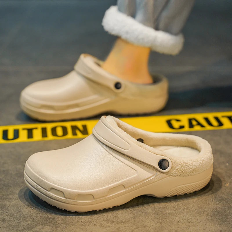 winter fluffy slippers men outdoor clogs warm home cotton shoes indoor cozy slides pull on comforty non-slip chef shoes