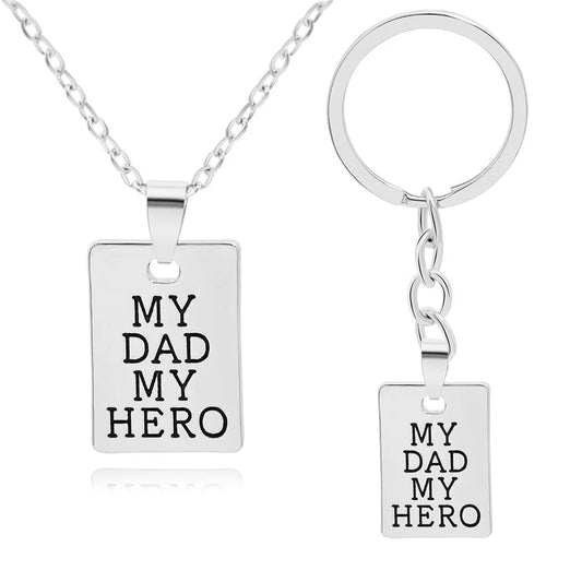 "MY DAD MY HERO" Keychain Necklace for Men Women Square Brand Carved Letter Pendant Chain Key Ring Accessories Father's Day Gift