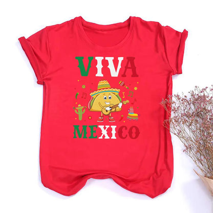 Viva Mexico Print Crew Neck T-shirt Summer Short Sleeve Casual Top Women's Mexican Flag Pattern T-shirt Clothes