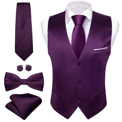 Designer Men's Vest Solid Silk Satin Waistcoat Tie Bowtie Hanky Set