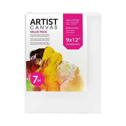 Studio Stretched Canvas, 9"X12", 7 Pack, 100% Cotton Acid Free, White, Academic Canvas, For All Skill Levels