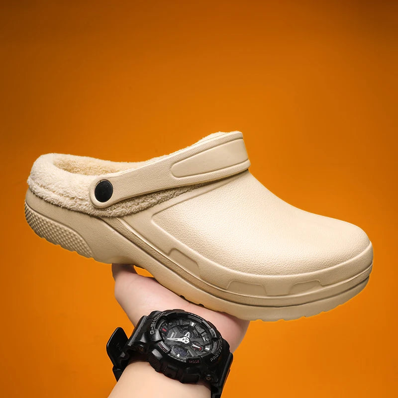 winter fluffy slippers men outdoor clogs warm home cotton shoes indoor cozy slides pull on comforty non-slip chef shoes