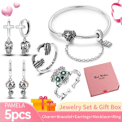 Pink Heart Bracelet Set 925 Silver Original Flower Ring Butterfly Earrings & Gift Box For Women Wedding Jewelry Best Wish 5pcs