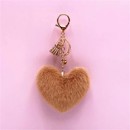 Rainbow Heart Pompom Keychain – Colorful Plush Ball Tassel Bag Charm for Women