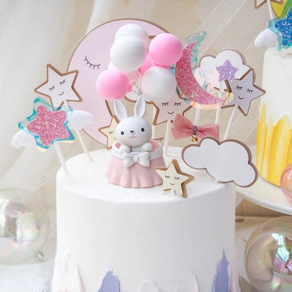 Cute Rabbit Balloon Ornaments Star Happy Birthday Cake Topper Easter Birthday Party Cake Baking Kids