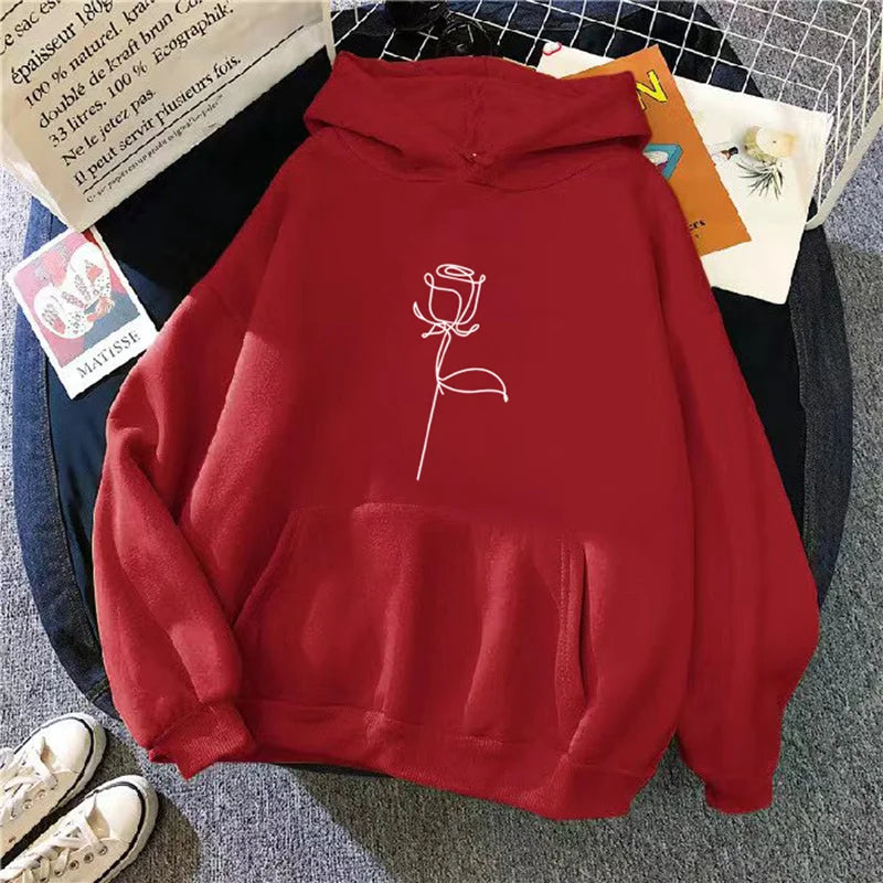 Women's Hoodie Pullover Sweatshirt Stylish Flower Print With Thick Long Sleeves Tops Loose
