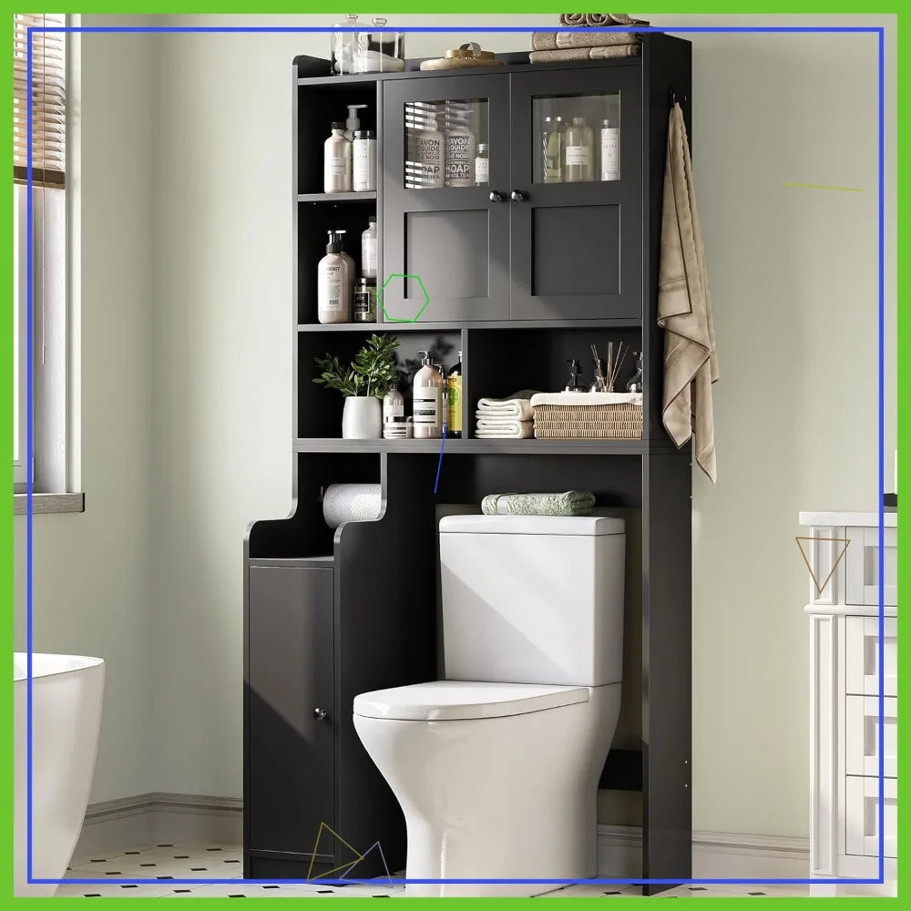 Over Toilet Storage Cabinet with Glass Doors & Paper Holder, Space-Saving Bathroom Organizer Rack for Home Restroom Laundry