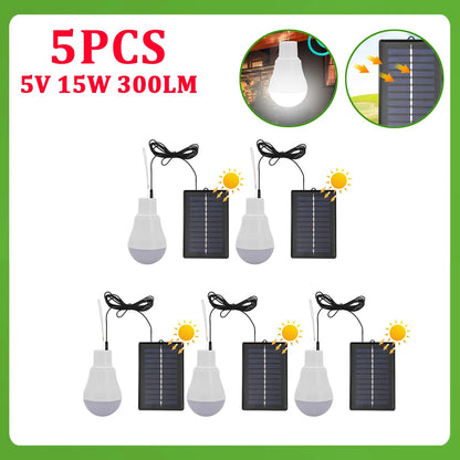1-12pcs 5V 15W 300LM Solar Lighting Bulb Portable Solar Power Panel Battery Charger Energy Saving Outdoor Lamp USB Rechargable