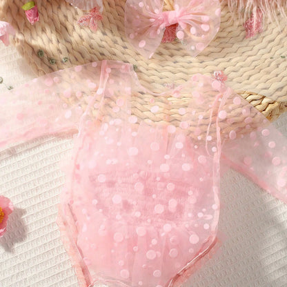 Newborn Baby Girl Photoshoot Outfit: Pink Polka Dot Romper with Bow Headband, Ideal for 1-Month Infant Photography Props