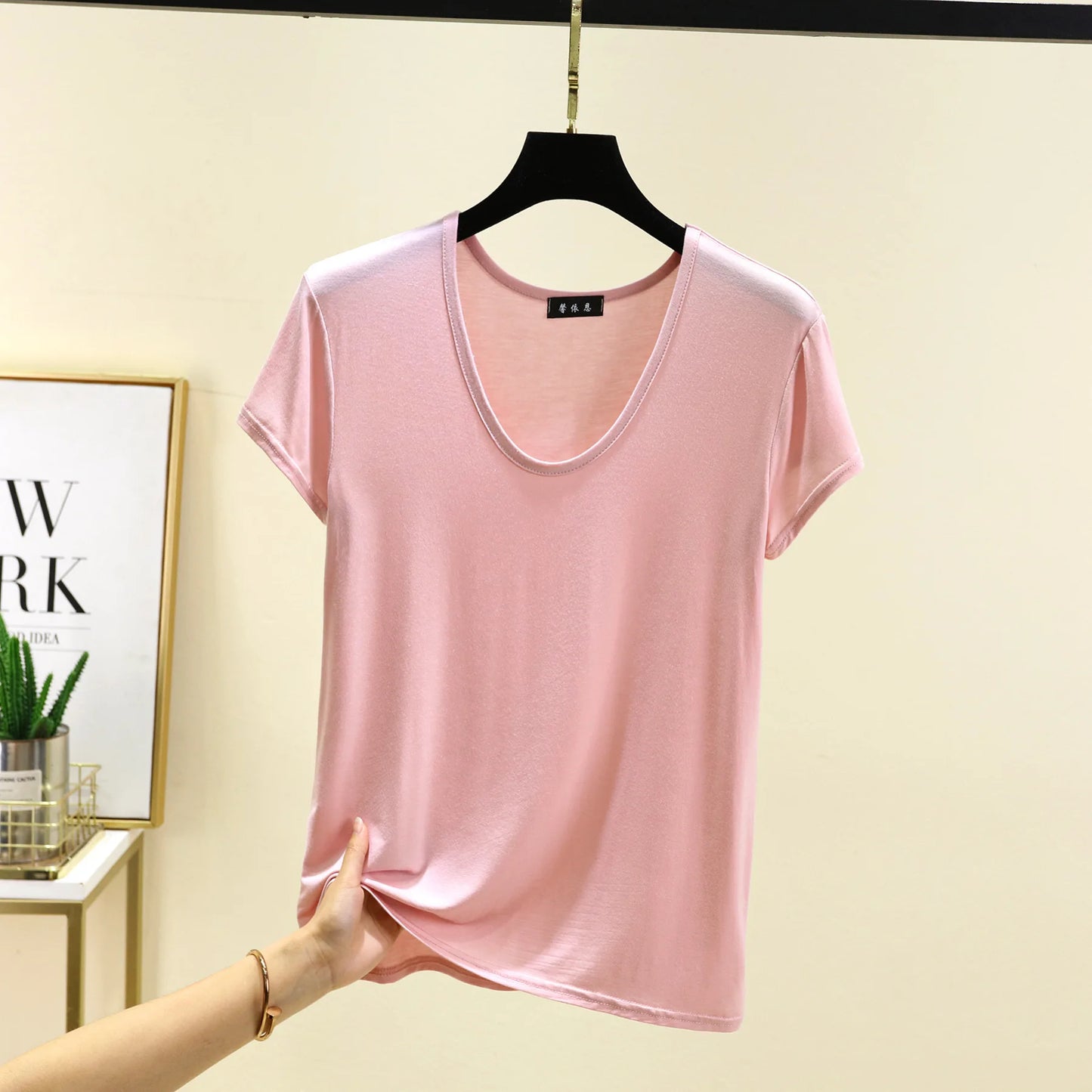 Women’s Plus Size U‑Neck Modal T‑Shirt (L–6XL) – Short Sleeve Solid Color Loose Tee