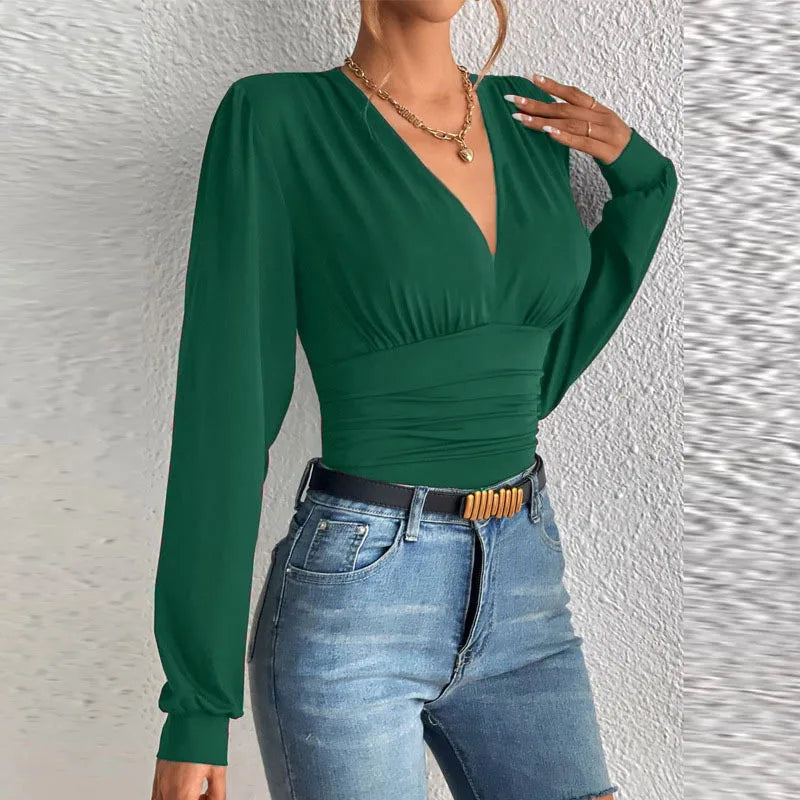 Women's Sexy Deep V Neck Long Sleeve Solid Blouse Slim Elegant
