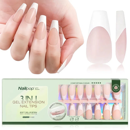 150PCS Short Coffin Press on Nails 3 in 1 Coat Soft Gel Nail Tips French Tip 15 Sizes