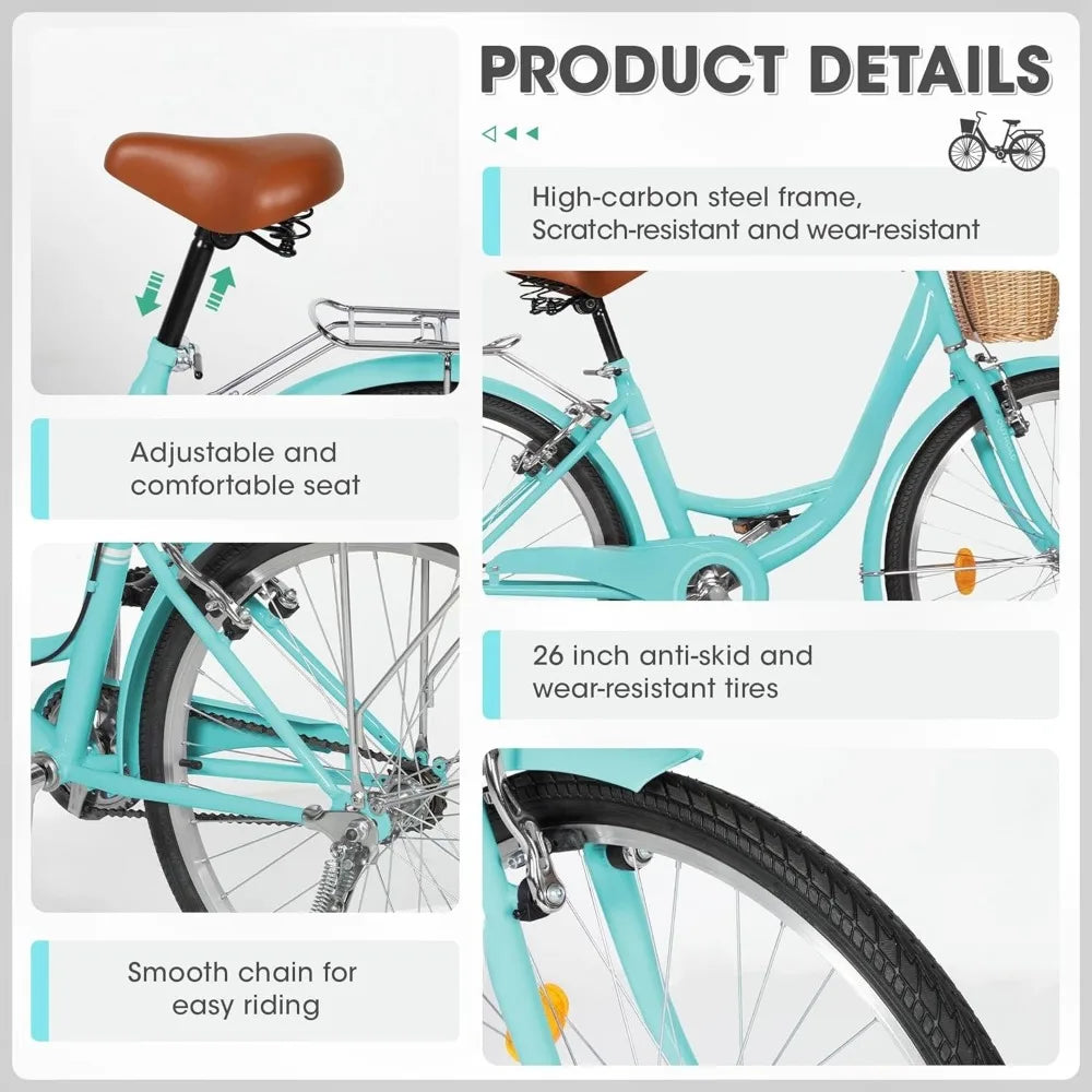 Beach Cruiser Bike, Commuter Bicycle for Adult and Women,High-Carbon Steel Comfortable City, Customized