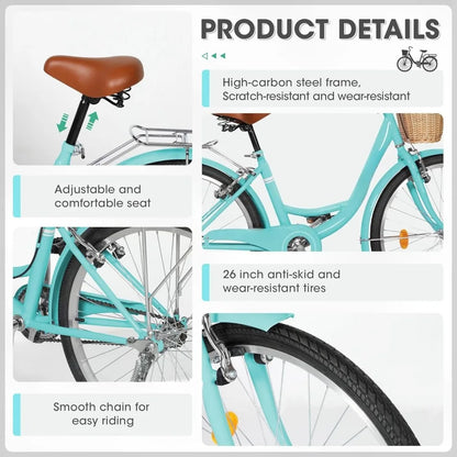Beach Cruiser Bike, Commuter Bicycle for Adult and Women,High-Carbon Steel Comfortable City, Customized