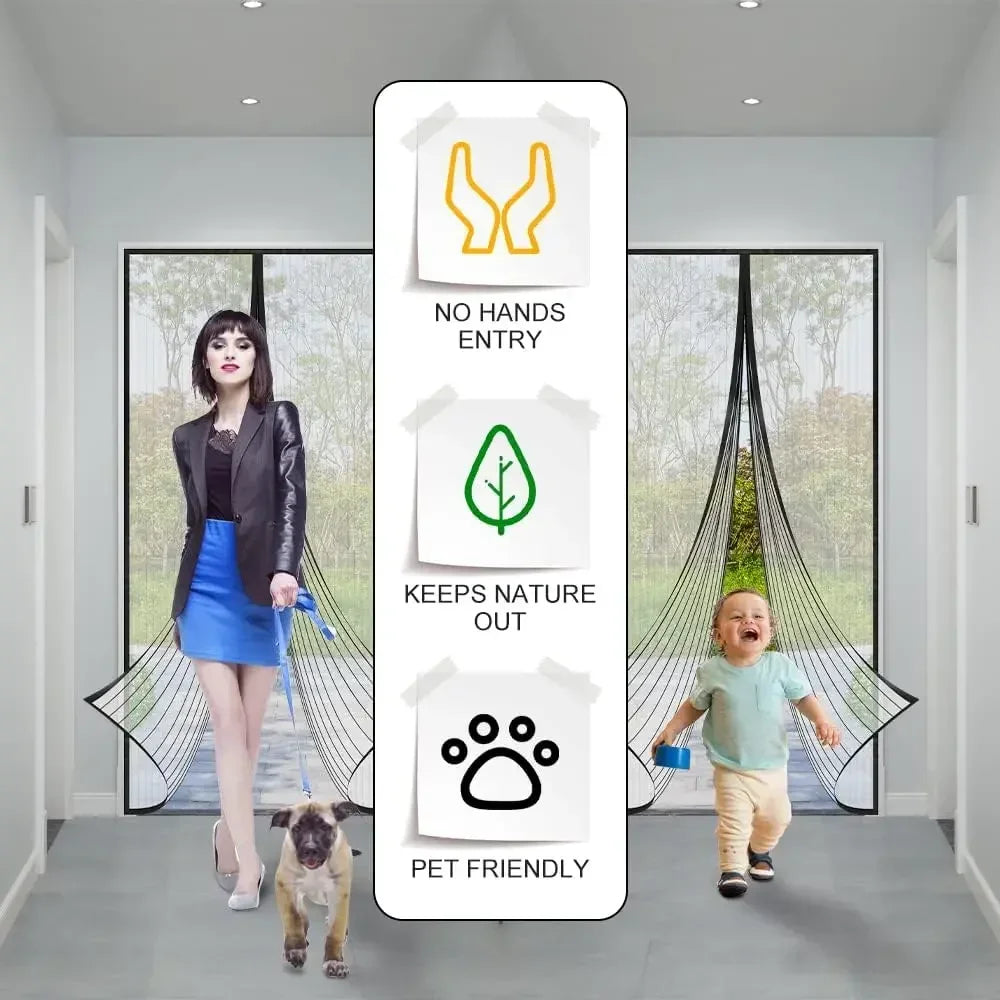 Heavy Duty Magnetic Screen Door Mesh Curtain Mosquito Net Bug Hands Free Partition Mute Striped Door Curtain Bedroom Ventilation