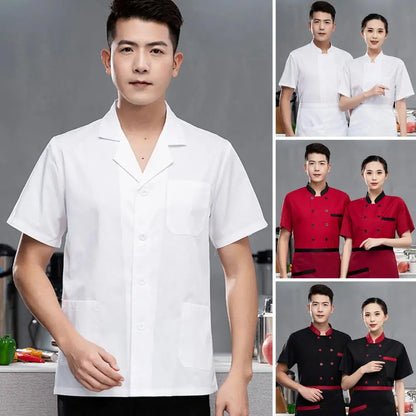 Kitchen Chef Uniform Bakery Food Service Cook Mesh Back Stand Collar Short Sleeve Shirt Breathable Double Breasted Chef Clothes