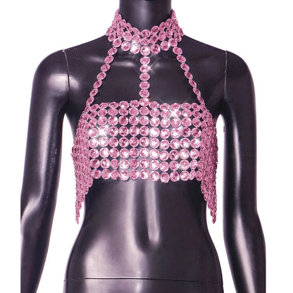 Beyprern Silver Halter Tank Top Glitter Diamonds Bustier Tops Gorgeous Backless Metal Sequin Crop Top Club Vest Festival Outfits
