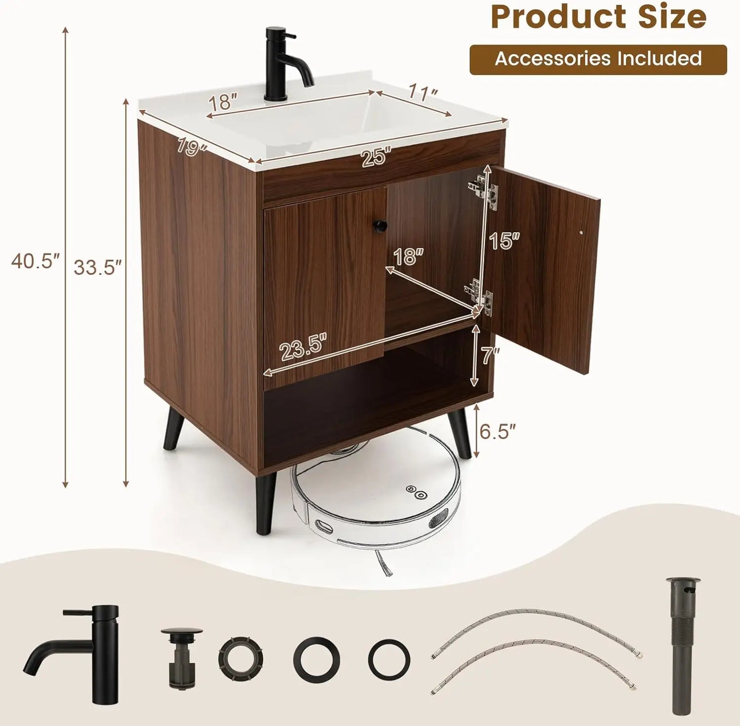 25” Bathroom Vanity with Sink Combo, Freestanding Sink Cabinet with Doors & Open Shelf, Pedestal Sink Storage Cabinet with