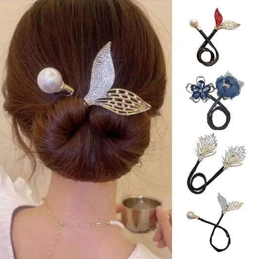 Stylish Flower Fishtail Rhinestone Feather Fast Snap Curler Bun Maker