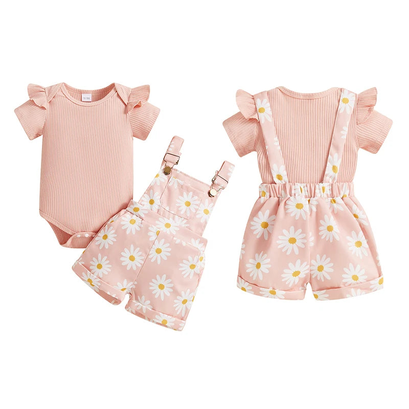 0-18months baby Girls summer Shorts  Set Short Sleeve Romper Flower Print Suspender Shorts Summer Outfit for  Toddler girls