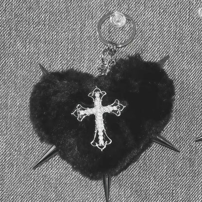 Punk Leopard Print Rivet Cross Keychain – Cool Grunge Rock Heart Bag Charm & Gothic Accessory