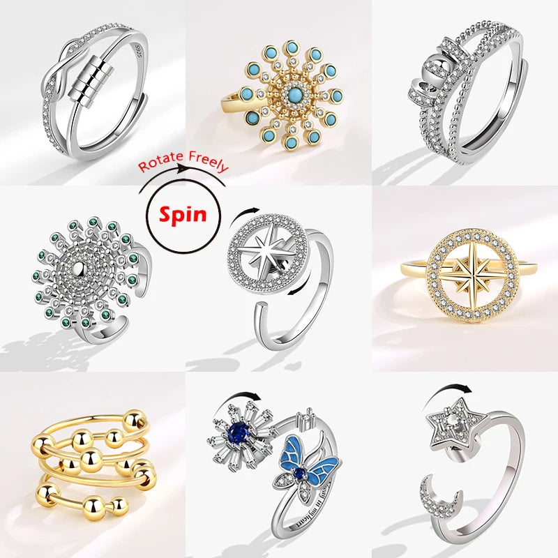 Fashion Beads Anxiety Fidget Spinner Rings Korea Crystal Butterfly Flower Star Moon Ring Anti Stress Jewelry Gift
