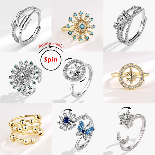 2024 Fashion Beads Anxiety Ring Fidget Spinner Rings Korea Crystal Butterfly Flower Star Moon Ring Anti Stress Jewelry Gift