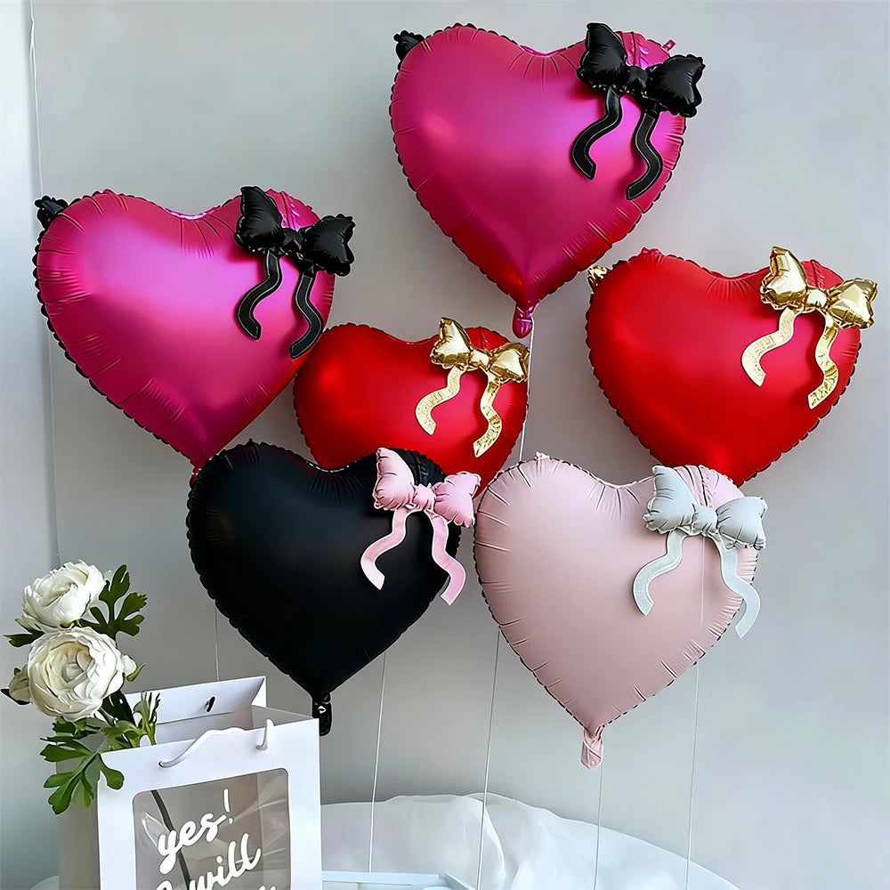 22inch Pink Red Black Heart Shaped Foil Balloons with Bow Valentines Day Wedding Party Decorations Birthday Baby Shower Supplies
