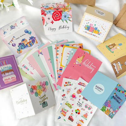20 Happy Birthday greeting cards with envelopes, perfect for kids and adults. These folded cards are great for handwritten messages and birthday party invitations.