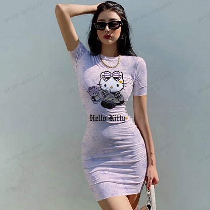 Women Hello Kitty Print Mini High Waist Casual Short Sleeve Dress