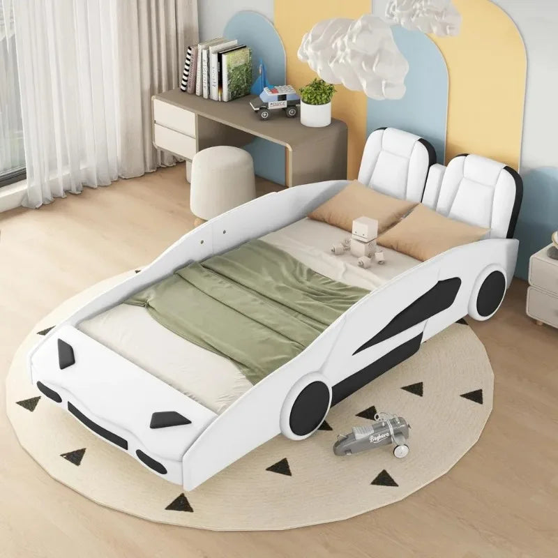 Twin Size Boys Car Bed,Race Car-Shaped Platform Wooden Bedframe  ,Slat Support,Toy Furniture for  Child's Bedroom,White