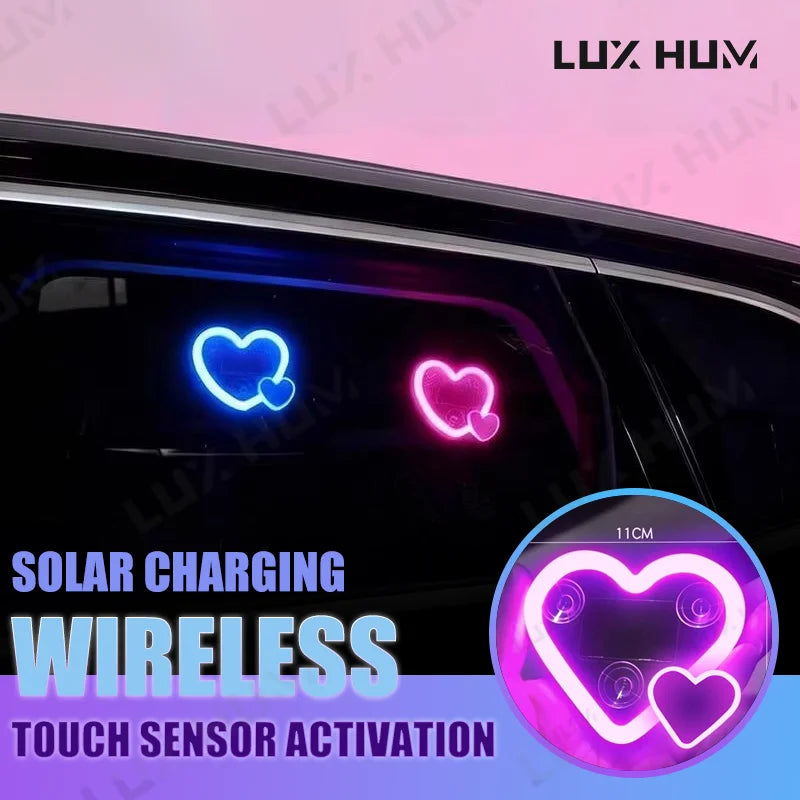 Solar Heart‑Shaped Car Neon Light – Wireless LED Ambient Lamp with Suction Cup & USB Recharge