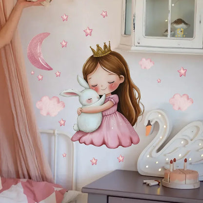 Cute Cartoon Girl Hugging Rabbit Wall Sticker Nursery Kids Room Decor Removable Self-Adhesive Home Art Decal