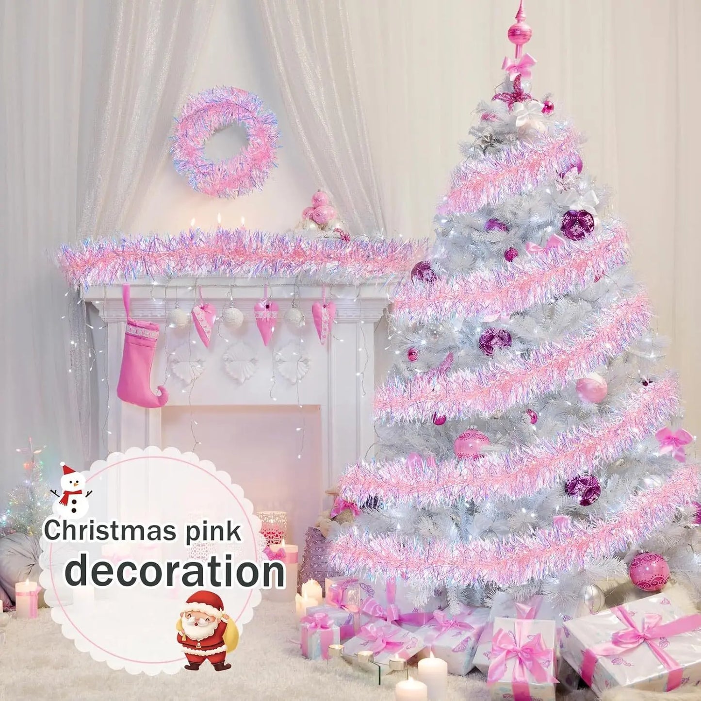78.7inch Pink Tinsel Garland Shiny Metallic Glitter Party Decoration for Christmas Valentine Wedding Birthday Holiday Home Decor