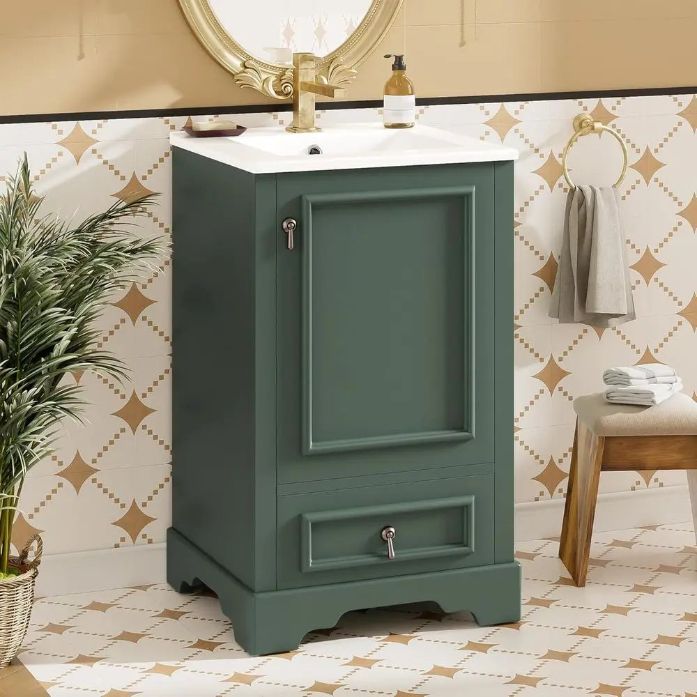 20 Inch Green Single Sink Vanity with Ceramic Sink and Storage Cabinet with Soft-Close Door and Adjustable U-Shaped Shelving