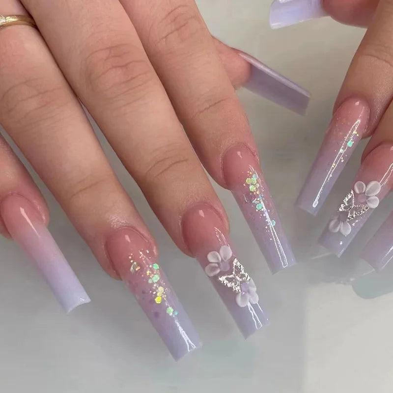 24Pcs Gold French Border False Long Coffin Press on Nails with Rhinestones Ballerina Full Cover