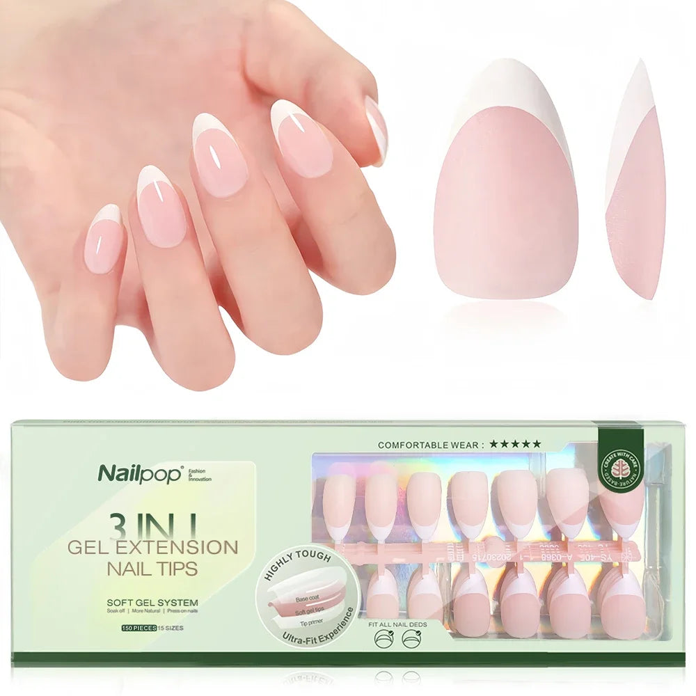 150PCS Short Coffin Press on Nails 3 in 1 Coat Soft Gel Nail Tips French Tip 15 Sizes