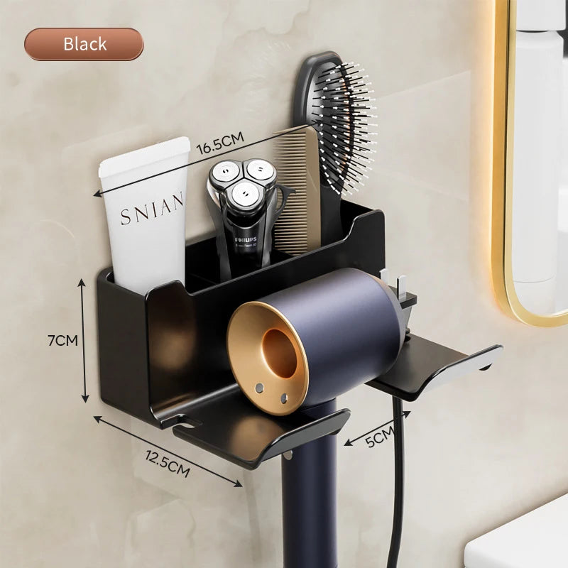 Wall mounted non perforated hair dryer storage rack