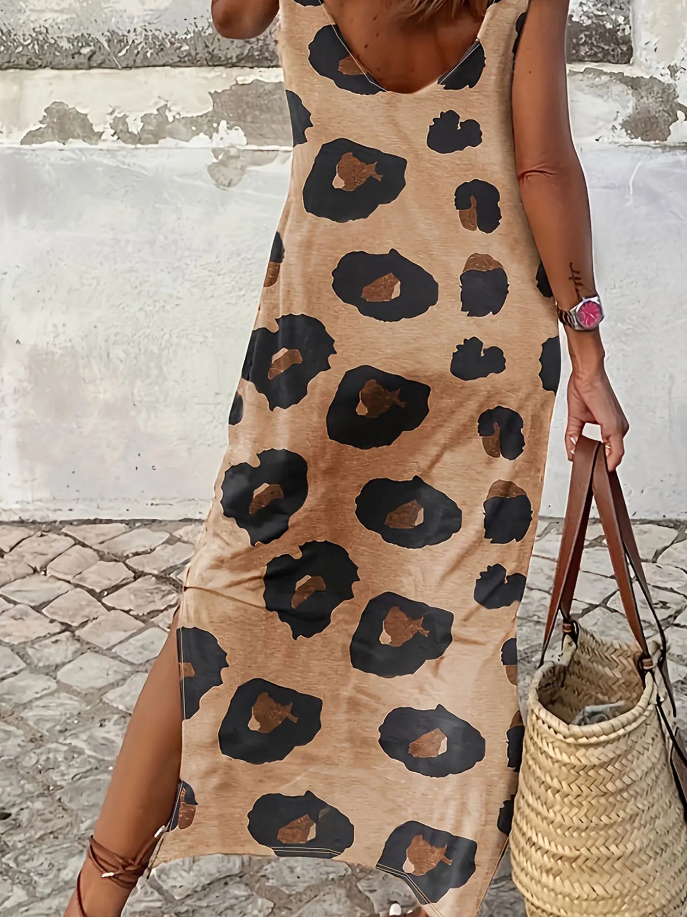 Women’s Plus Size Summer Leopard Print Dress – Woven Solid‑Color Casual Dress for Warm Weather
